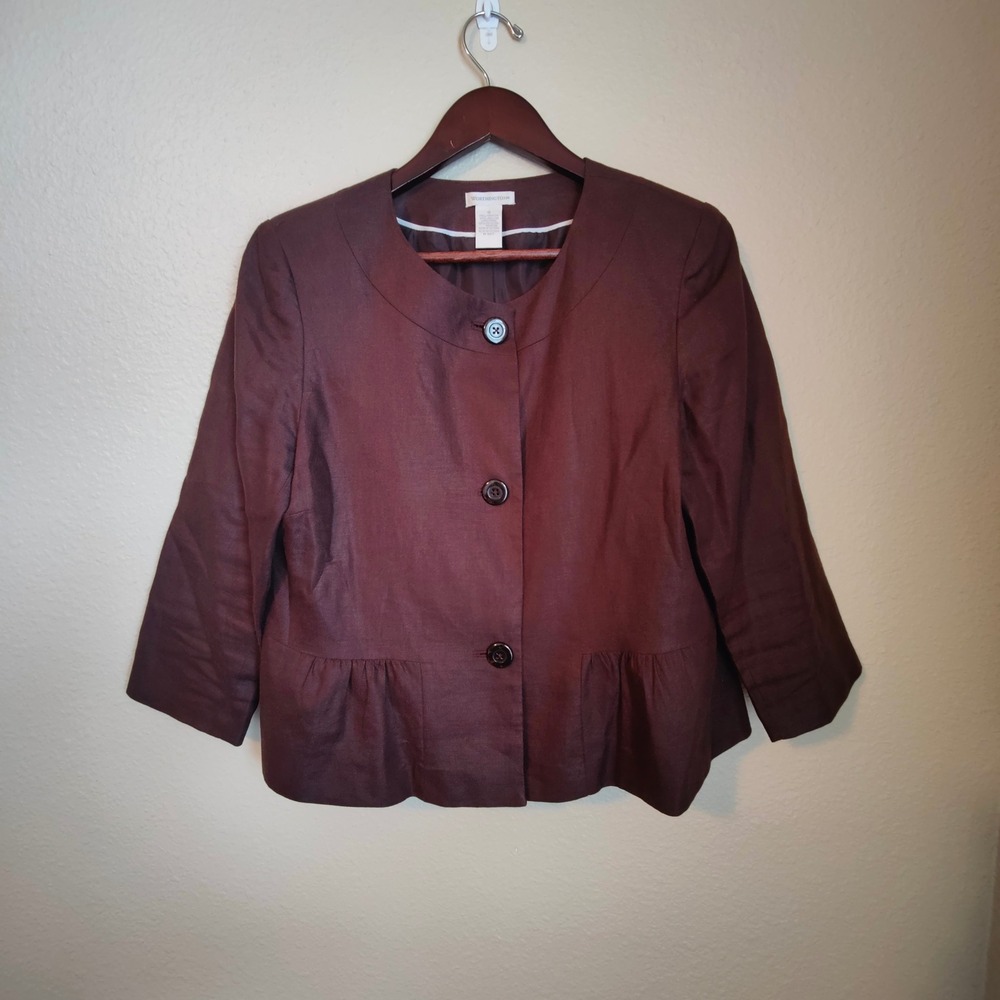 Worthington 100% Linen Blazer 12‎ Brown Professional Peplum Button Front Career